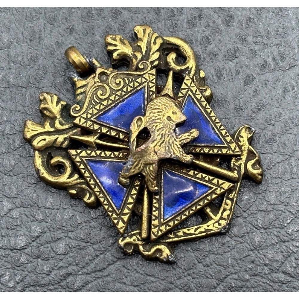 Vintage Heraldic Lion Crest Blue Enamel Cross Pendant Brass / Gold Tone